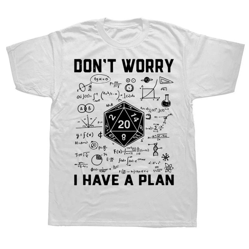 White t-shirt with black text and graphics on a white background
